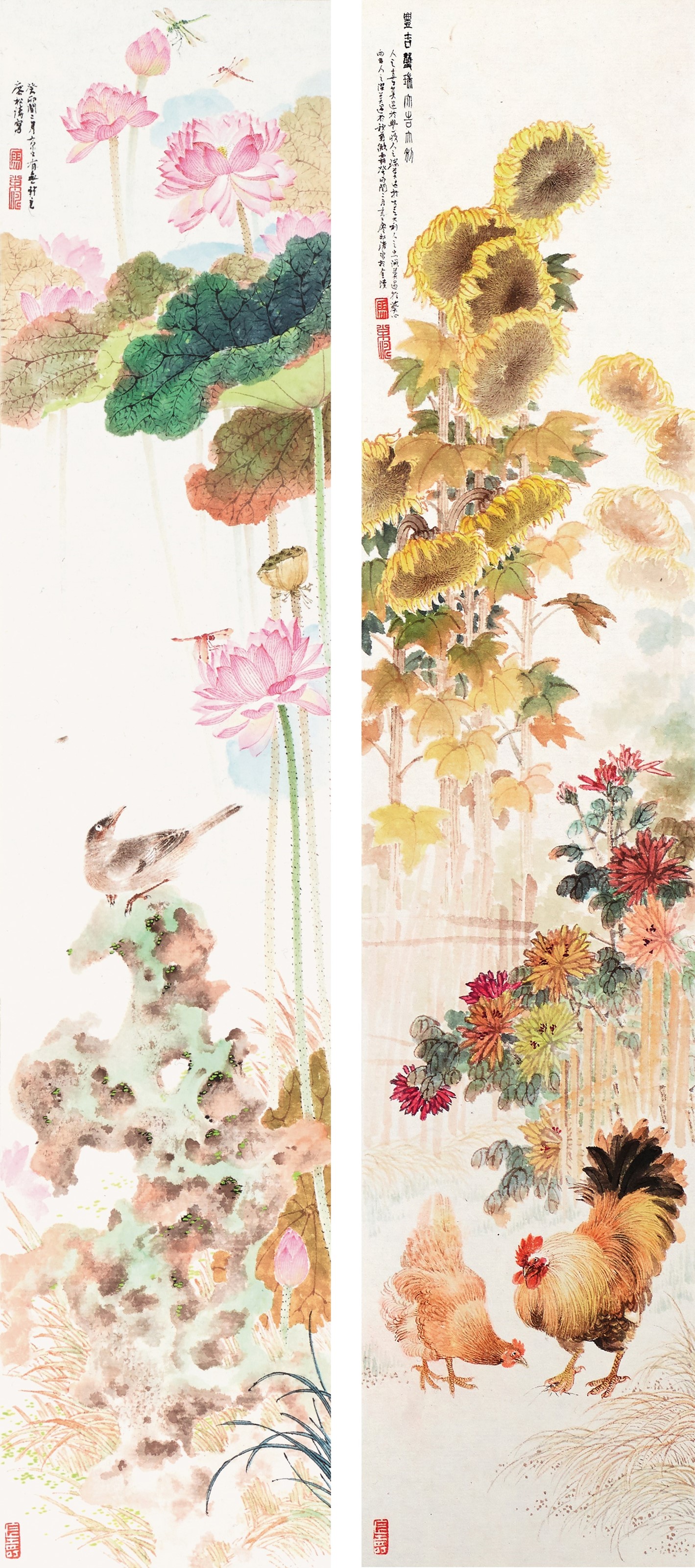 <h2>喜乐花鸟对屏</h2><p>作者：廖松涛</p><p>创作年代：2023年</p><p>规格：33cm×7cm 34cm×7cm</p><p>品类：生宣硬卡</p>